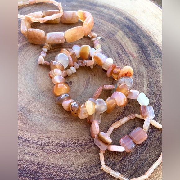 Natural Orange Carnelian & Peach Aventurine Gemstone Mix Beads Bracelet Stack - Picture 8 of 10